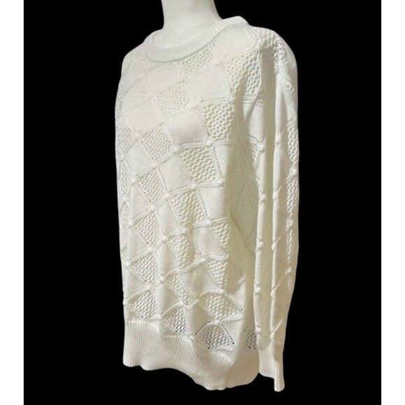 Oversized Crew Neck Ivory Knit Sweater Diamond Pattern Novelty Stitch Women’s 1X - Picture 1 of 10